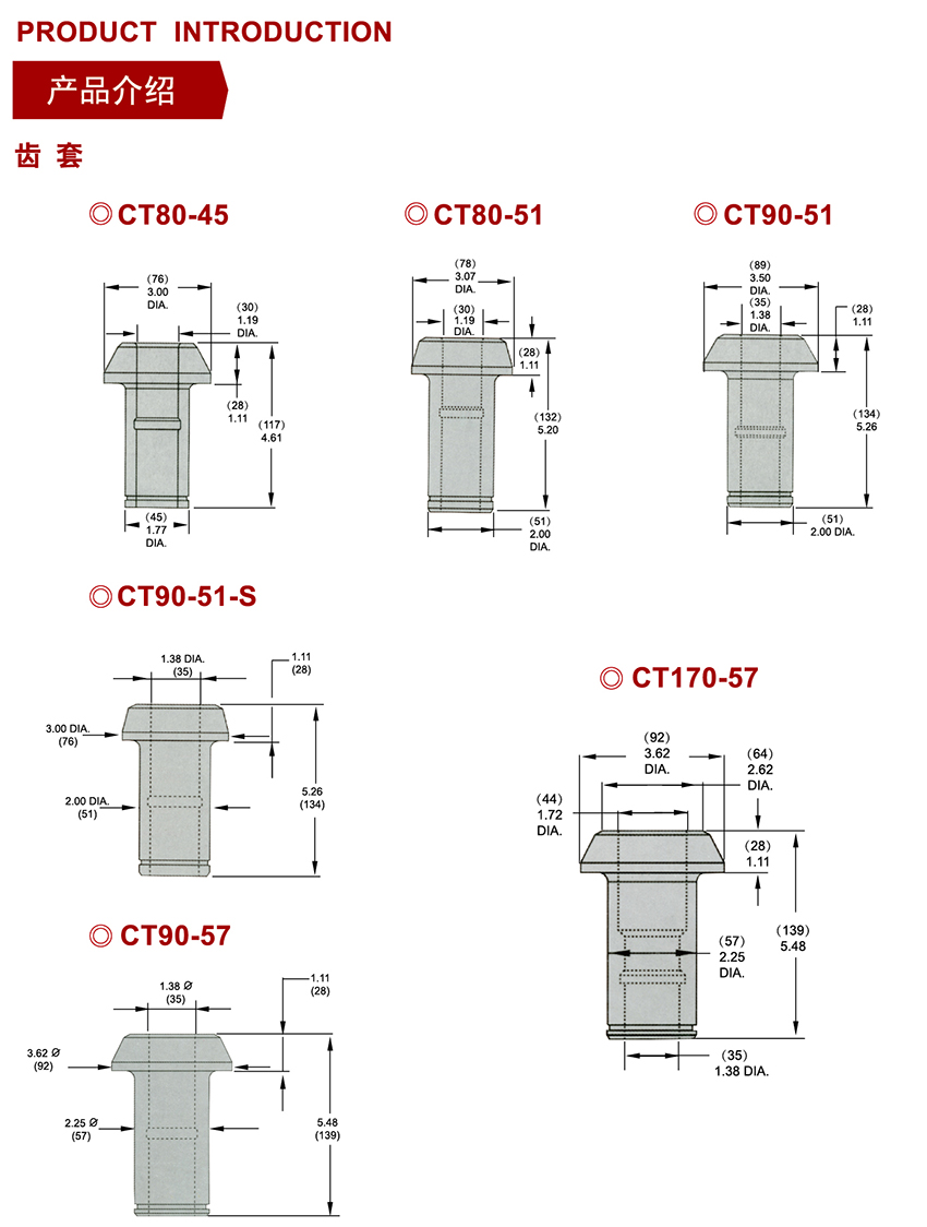 CT80-45截齒套、CT80-51截齒套、CT90-51截齒套、CT90-51-S截齒套、CT90-57截齒套、CT170-57截齒套